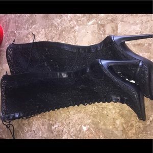 Black knee high black lace heels